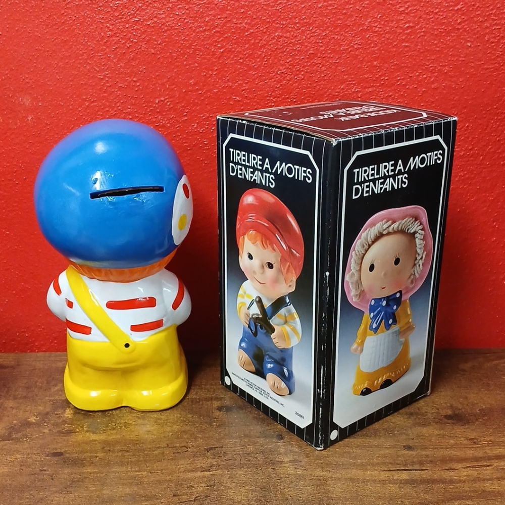 VTG 60s Hand-paint Ceramic 9" Piggy Bank, BOY WITH SLINGSHOT, w/ Original Box - Picture 3 of 5